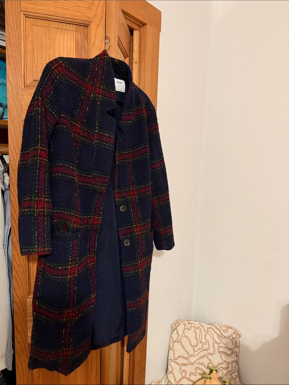 Old Navy Navy Plaid Wool-Blend Pea Coat with Red & Green Check